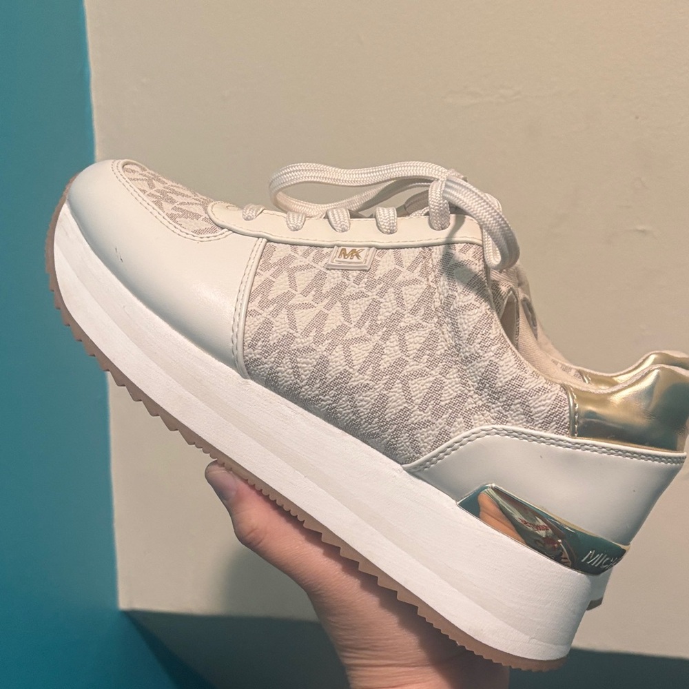 Michael Kors Cream and Gold Logo Wedge Sneakers - Picture 7 of 8